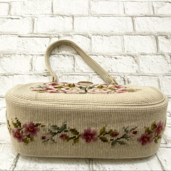 Vintage Beige Floral Needlepoint Clutch Handbag - Picture 8 of 16